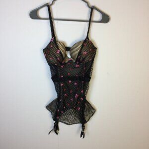 Victoria’s Secret Fishnet Corset Bustier 34C Black Pink Floral with Garter Strap